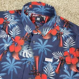 Retro Rifle Suppressed Mens Medium Blue Red AOP Floral Performance Button Down